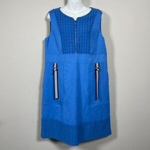 Maria Grazia Severi White Dress Womens L (48) Nautical Resort Blue Eyelet Shift